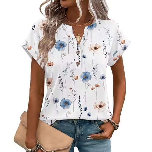 Women's Heart Floral Print V-Neck Short Sleeve T-Shirt