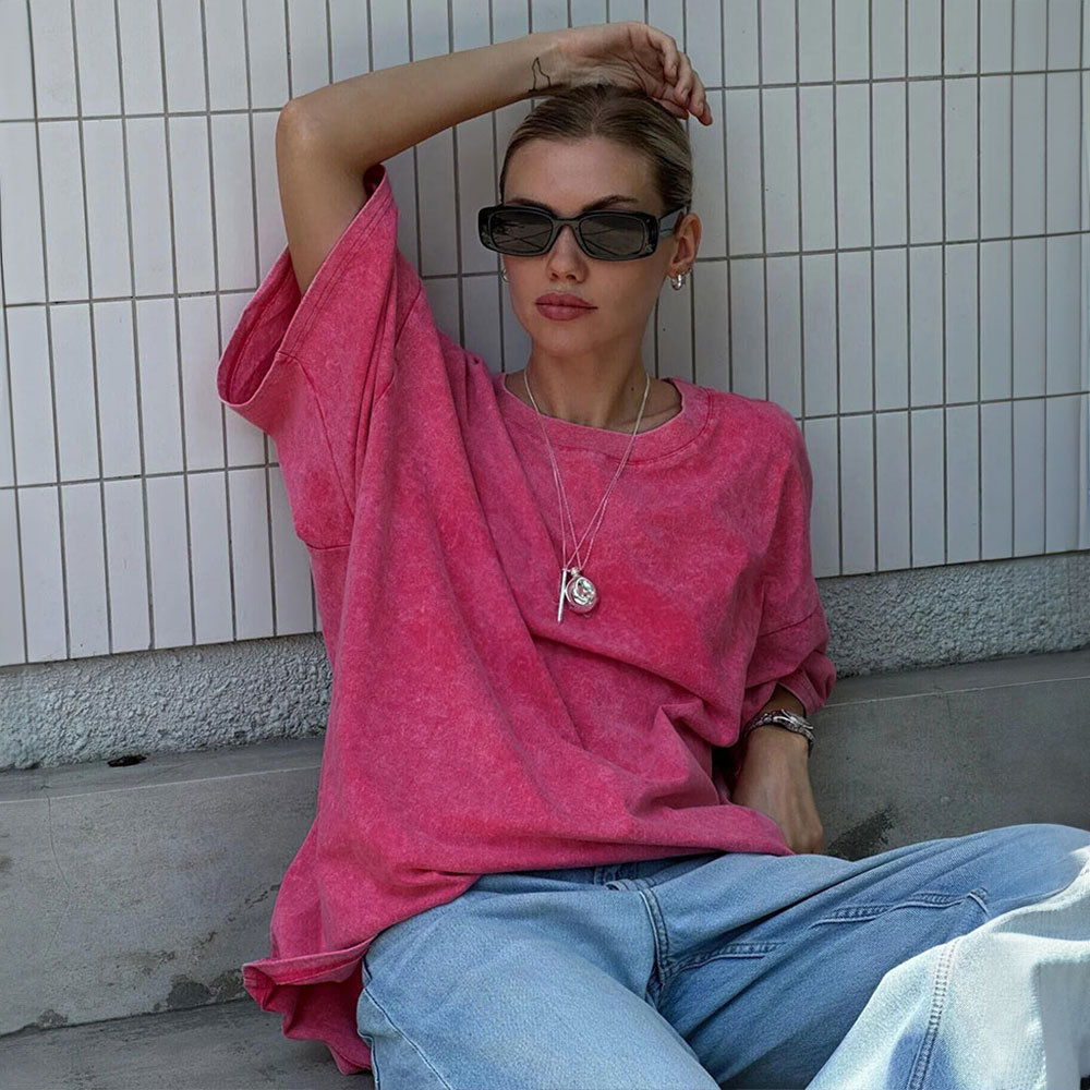 Washed Distressed Short Sleeve T-Shirt Relaxed Crewneck Cotton