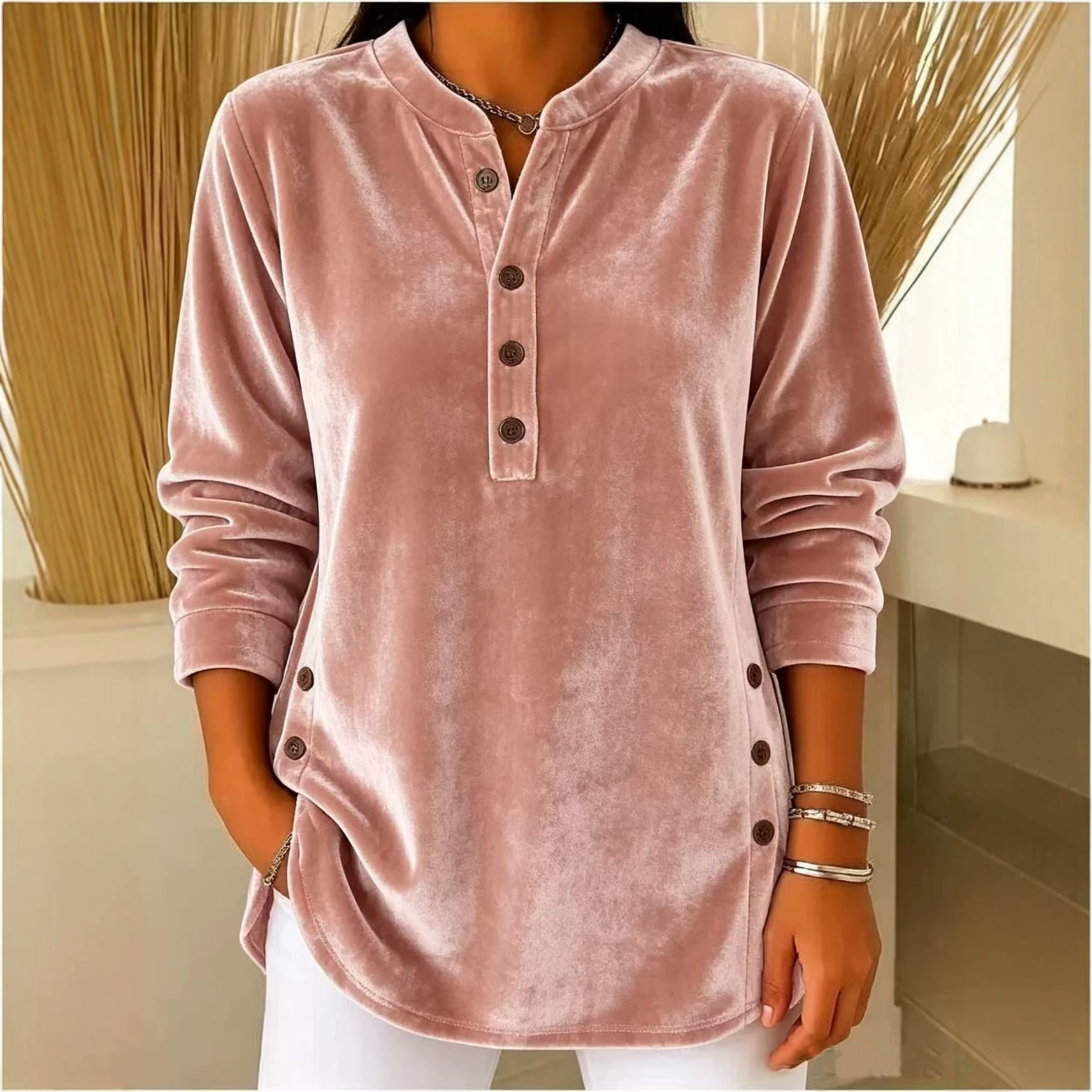 Women's Velvet V-Neck Button Long-Sleeve Loose Fit T-Shirt