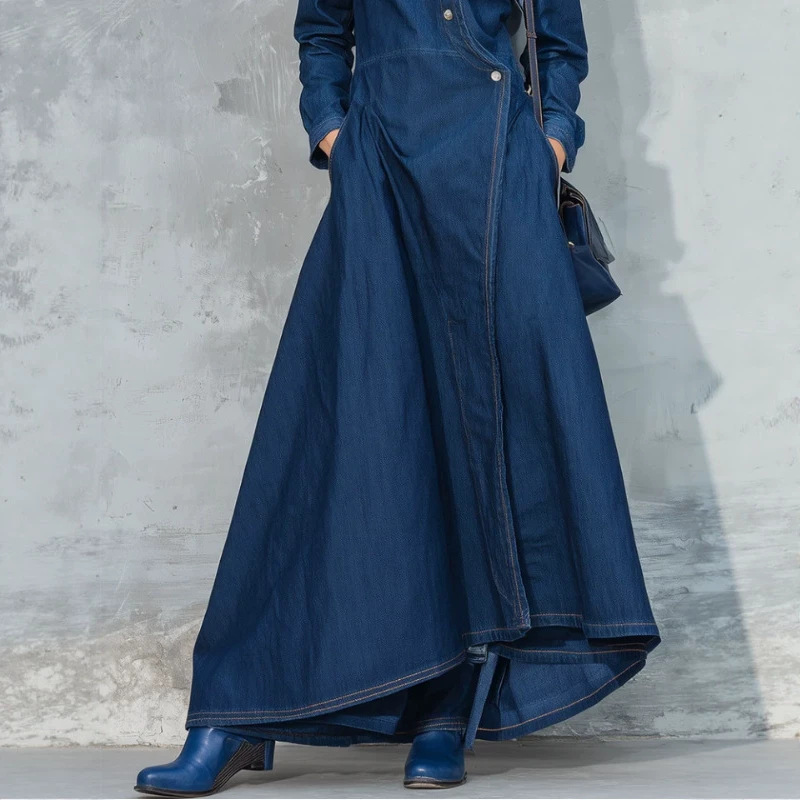 Retro Stand Collar Asymmetric Button-Front Denim Dress