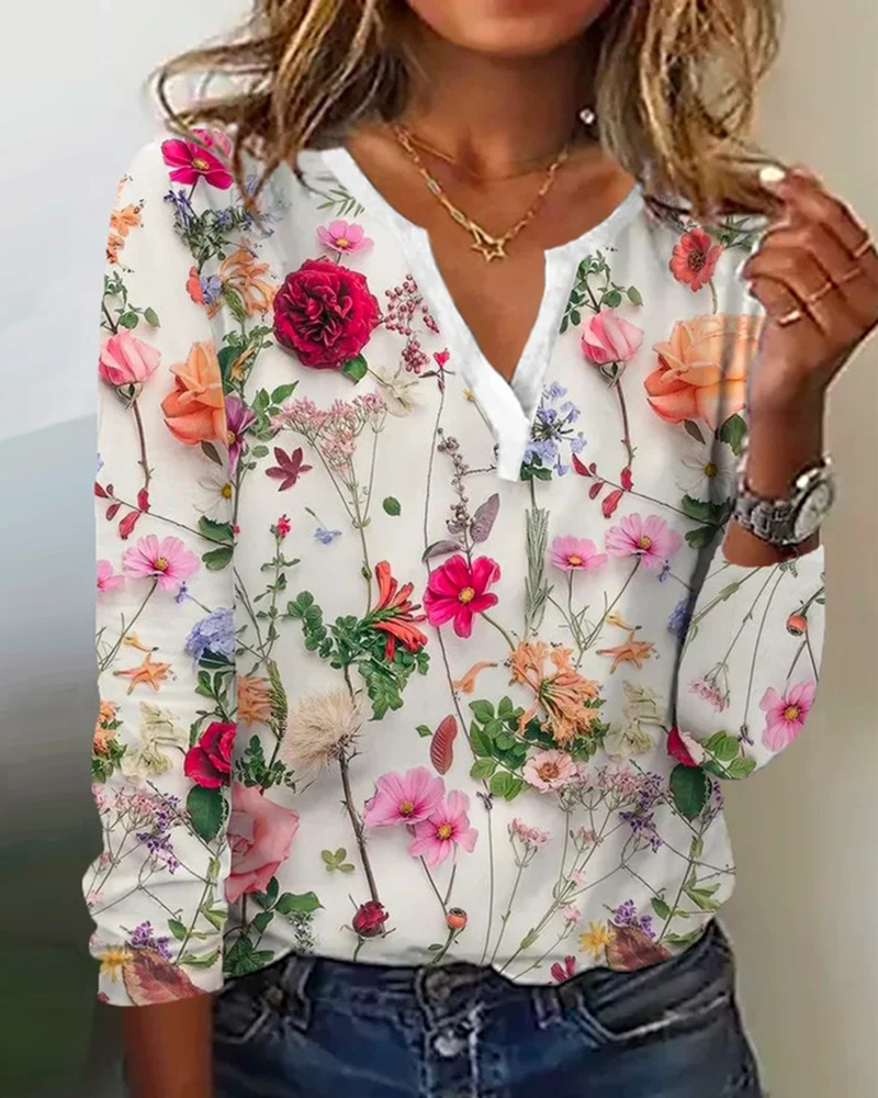 Floral Print V-Neck Long-Sleeve T-Shirt Top