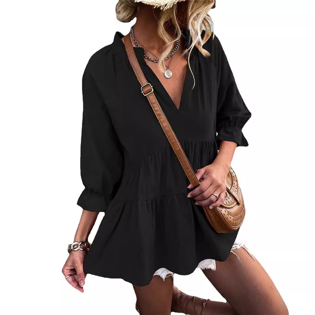 Women's Loose V-Neck Pleated Short Top