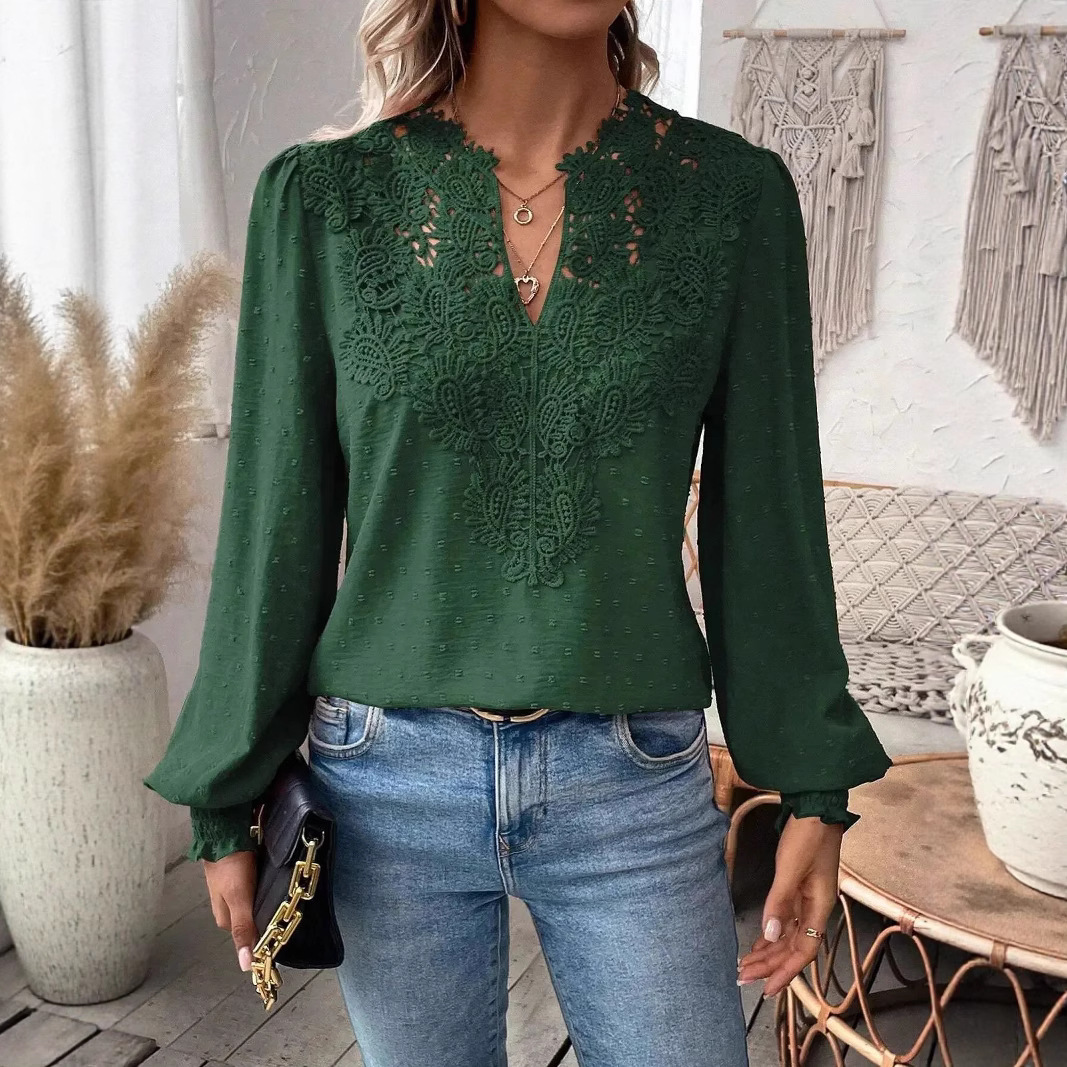 Women's V-Neck Lace Long Sleeve Casual Top