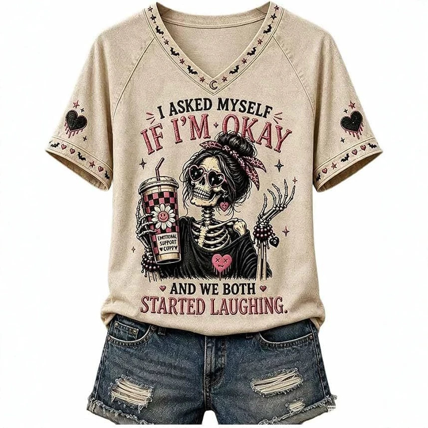 Skull Goblet Letter Print V-Neck Short Sleeve Women's T-Shirt