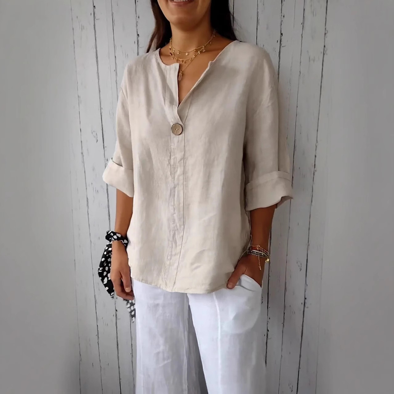Women's Loose V-Neck Button Cotton-Blend T-Shirt