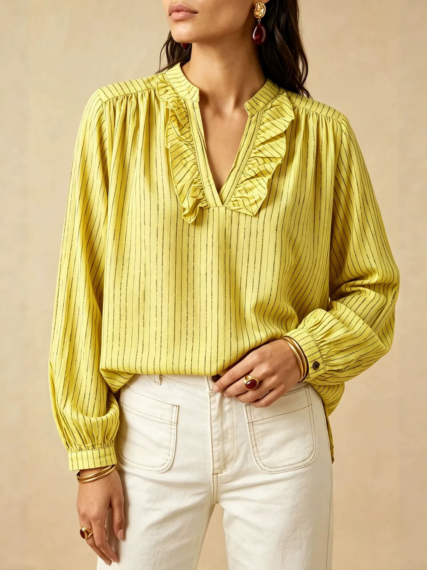 Ruffle V-Neck Long Sleeve Striped Women's Shirt