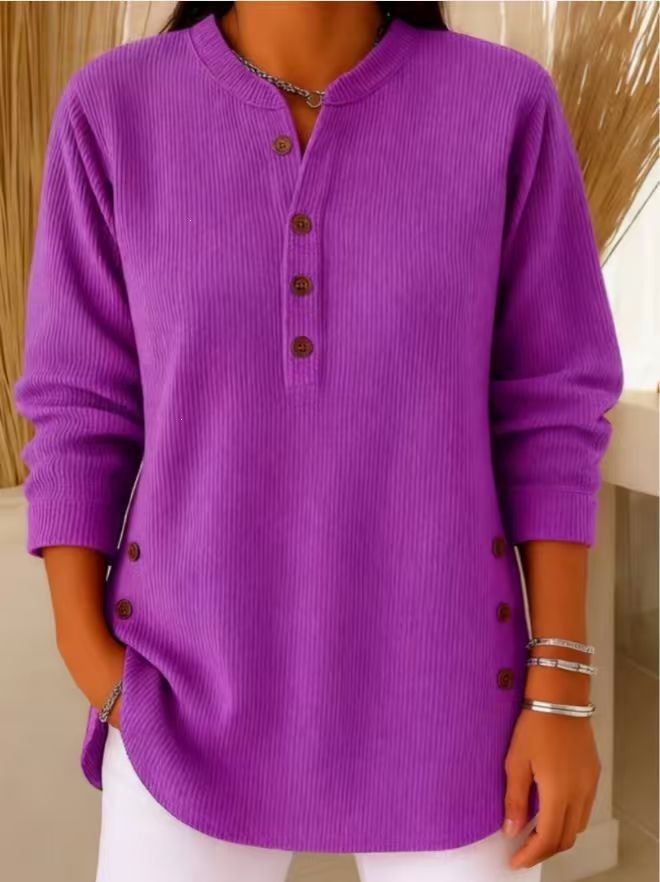 Corduroy V-Neck Button Long-Sleeve Loose Casual Top