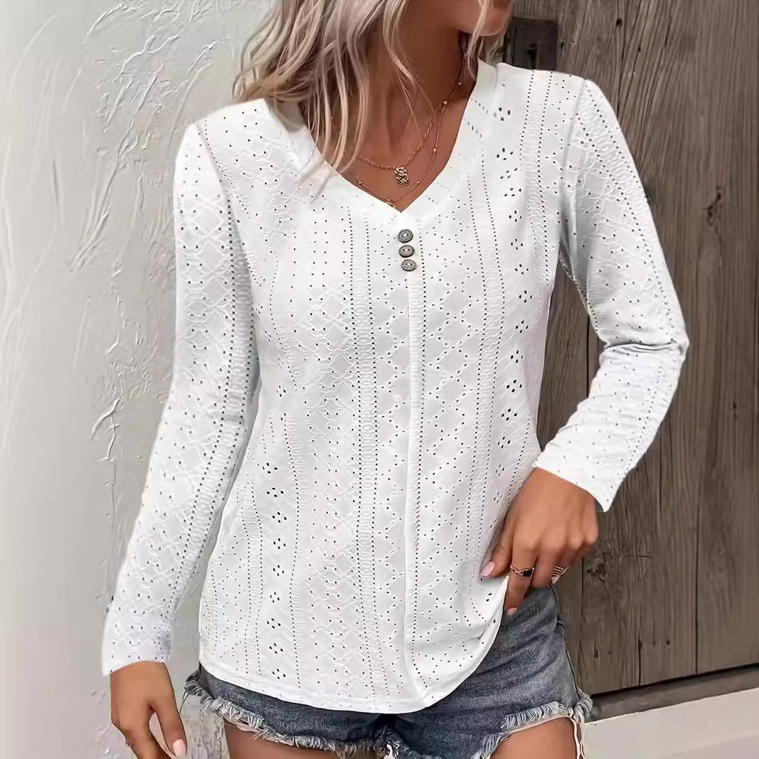 Women's Solid V-Neck Button-Detail Long-Sleeve T-Shirt