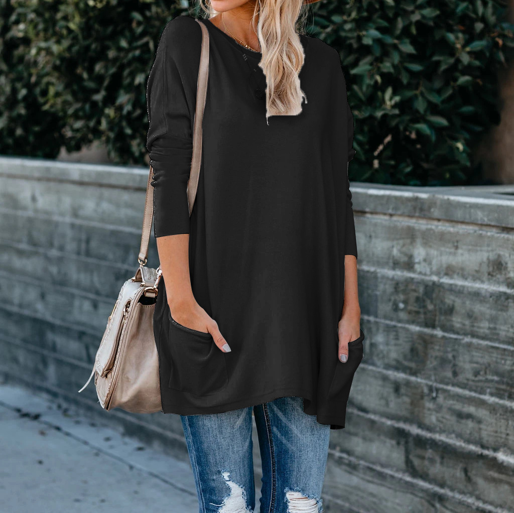 Women's Crewneck Long-Sleeve Pocket T-Shirt Plus Size