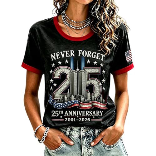 911 Twin Towers Ribbon Flag Print Short Sleeve T-Shirt