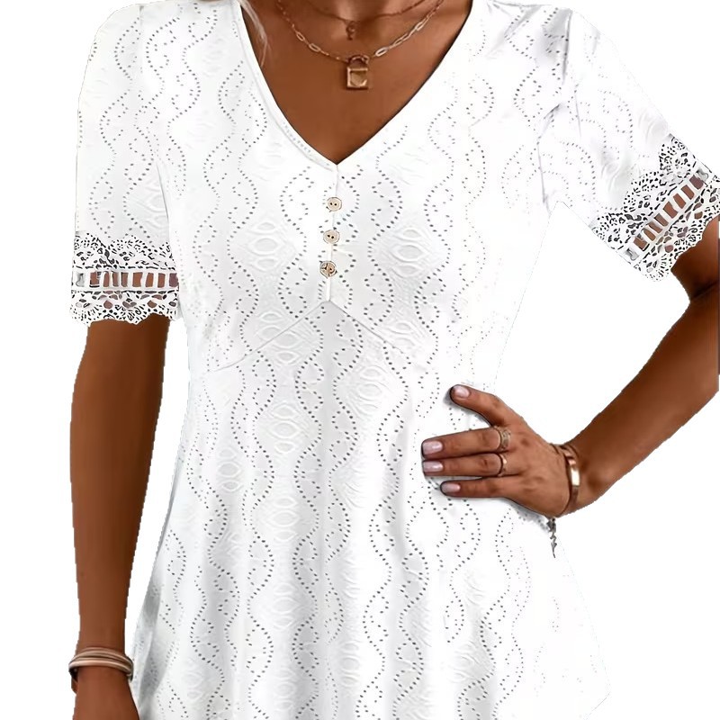 V-Neck Jacquard Lace Hollow-Out Waist-Cinched Short Sleeve Top