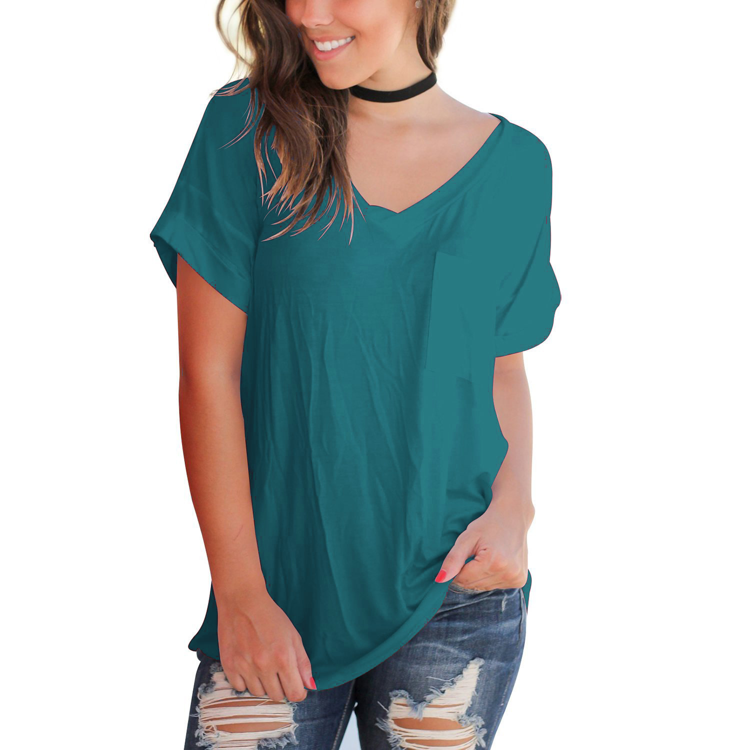 Women's Knit Short Sleeve V-Neck T-Shirt Solid Color Loose Fit