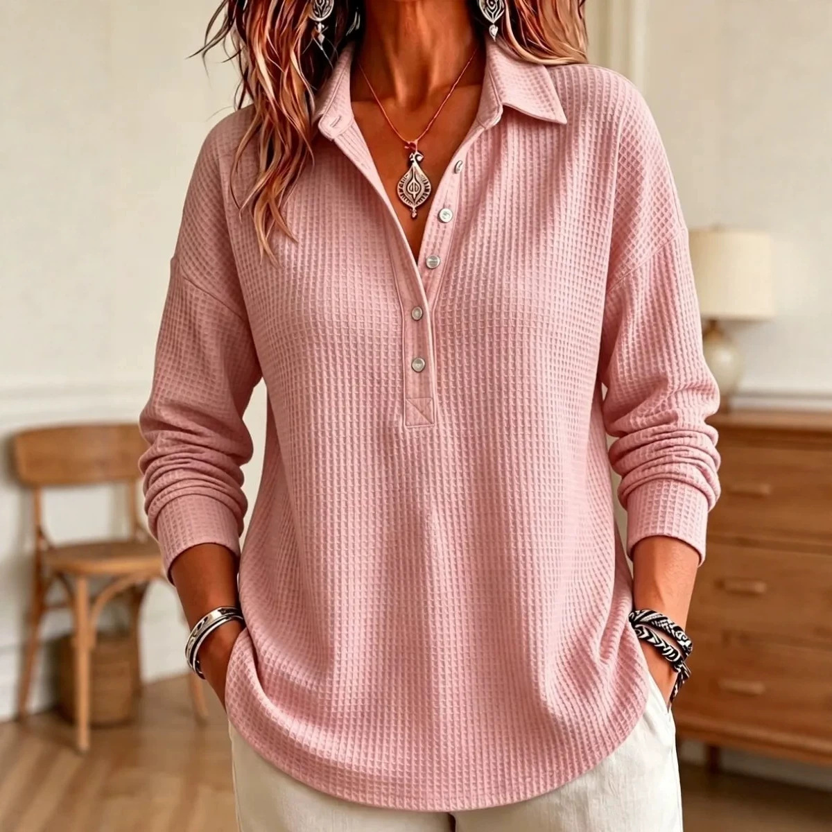 Women's Waffle Knit Collared Long Sleeve T-Shirt Loose Casual Pullover Top