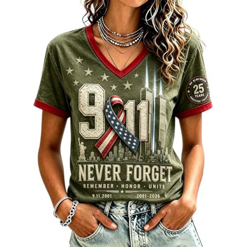 Twin Towers Anniversary Print V-Neck Short Sleeve Women's T-Shirt