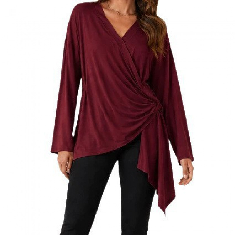 Women's Tie-Front Solid V-Neck Long Sleeve Casual Top