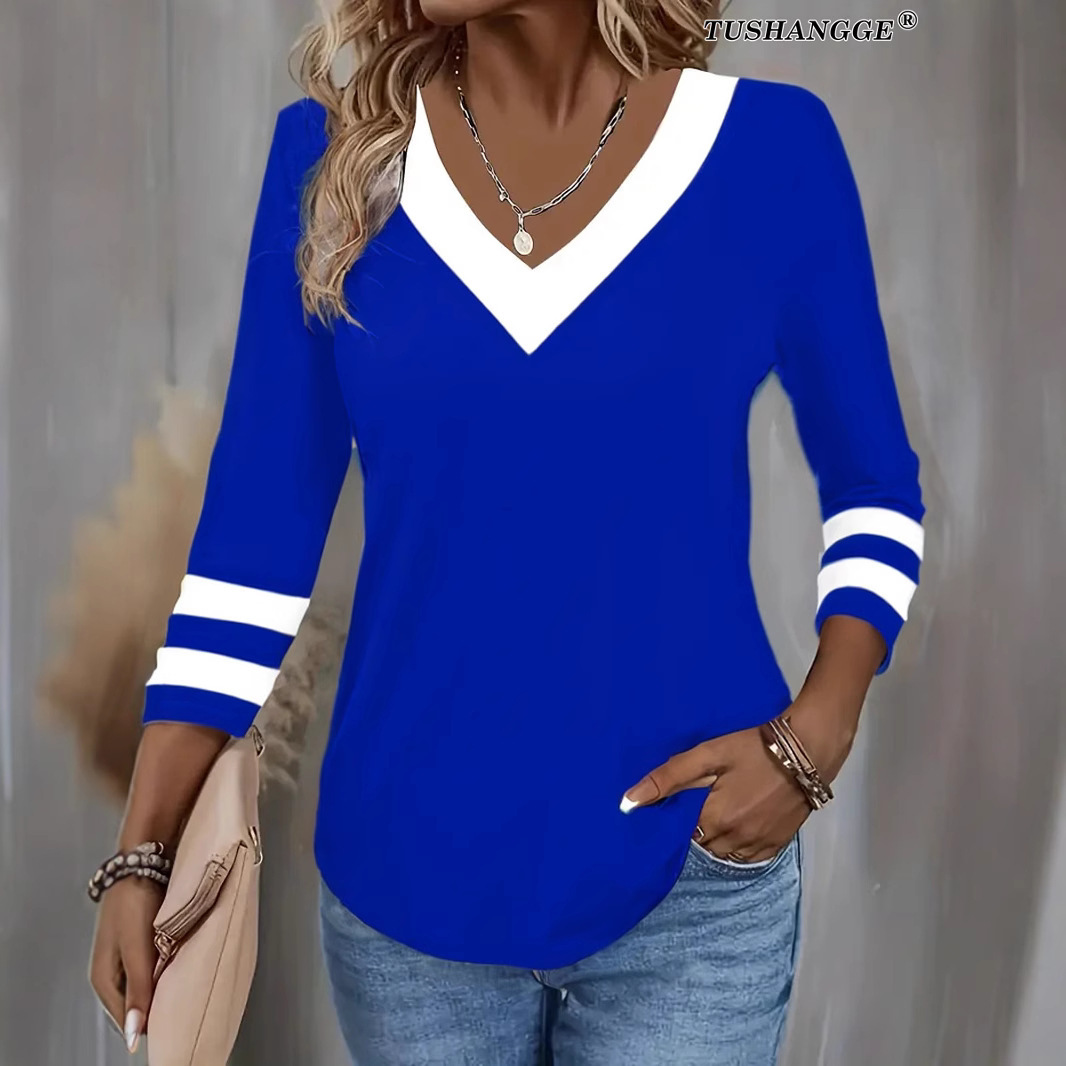 Colorblock Long Sleeve V-Neck T-Shirt