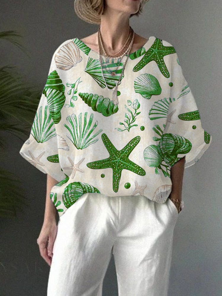Women's Summer Digital Print Half-Sleeve Round Neck Loose Casual Top
