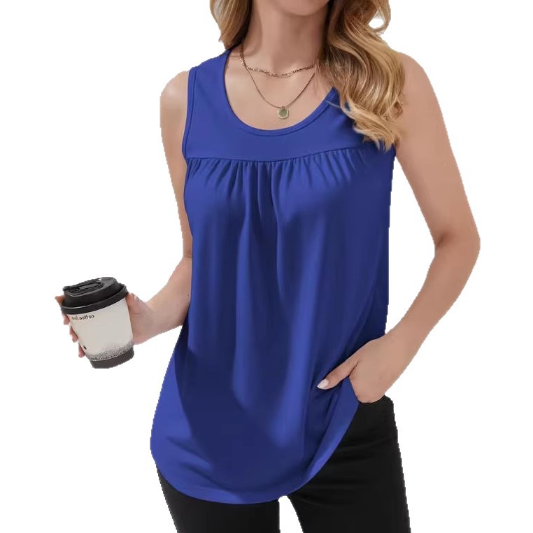 Women's Solid Pleated Round Neck Sleeveless Top