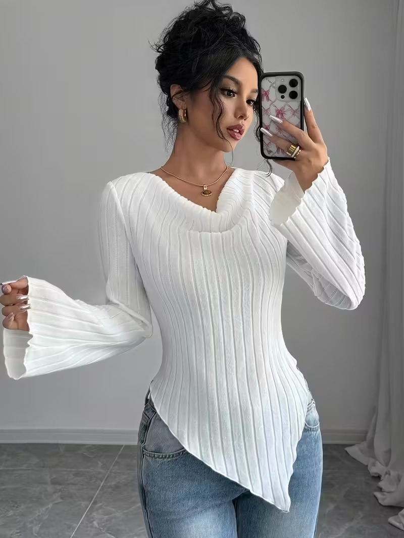 Women's V-Neck Long Sleeve Solid Color T-Shirt