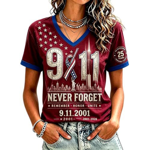 Twin Towers Anniversary Print V-Neck Short Sleeve Women's T-Shirt