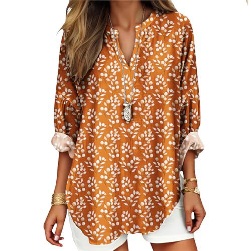 Women's Floral Polka Dot Print V-Neck Long Sleeve T-Shirt