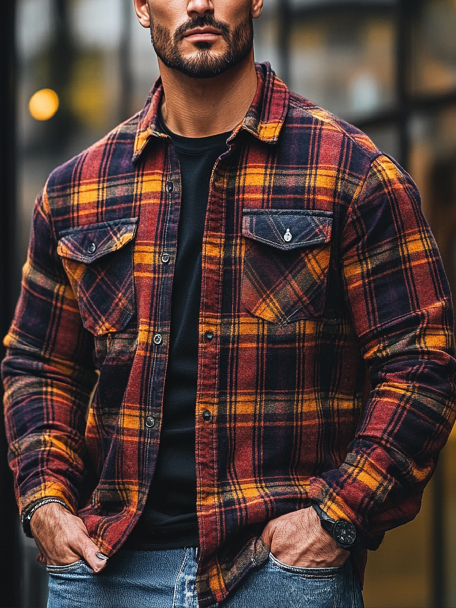Men's Plaid Print Fleece-Lined Button-Down Shirt with Pockets
