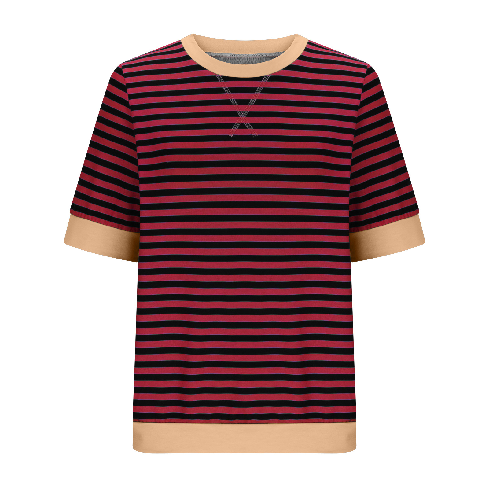 Striped Color-Block Cuff Short-Sleeve Crewneck T-Shirt