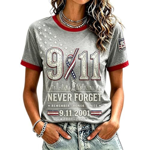 911 Twin Towers Ribbon Flag Print Short Sleeve T-Shirt