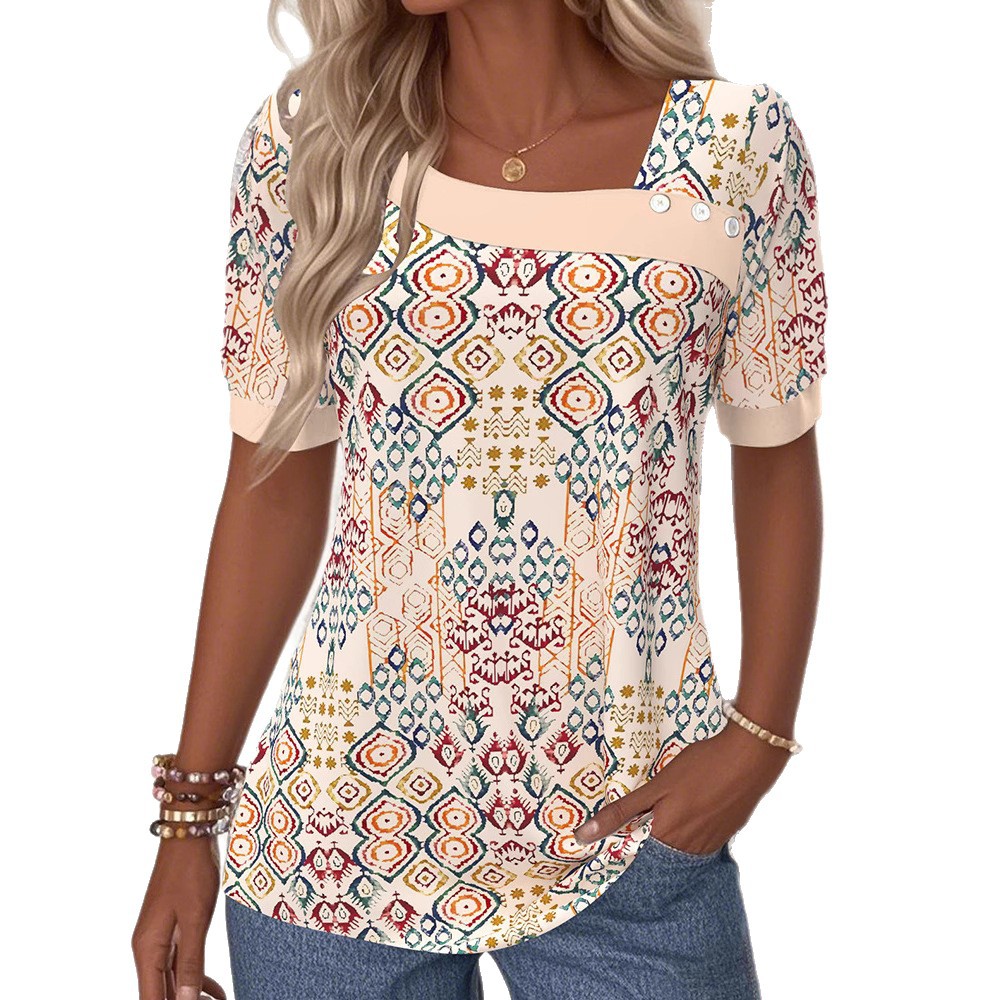 Elegant Asymmetric Neck Short Sleeve Button Print T-Shirt Top for Women