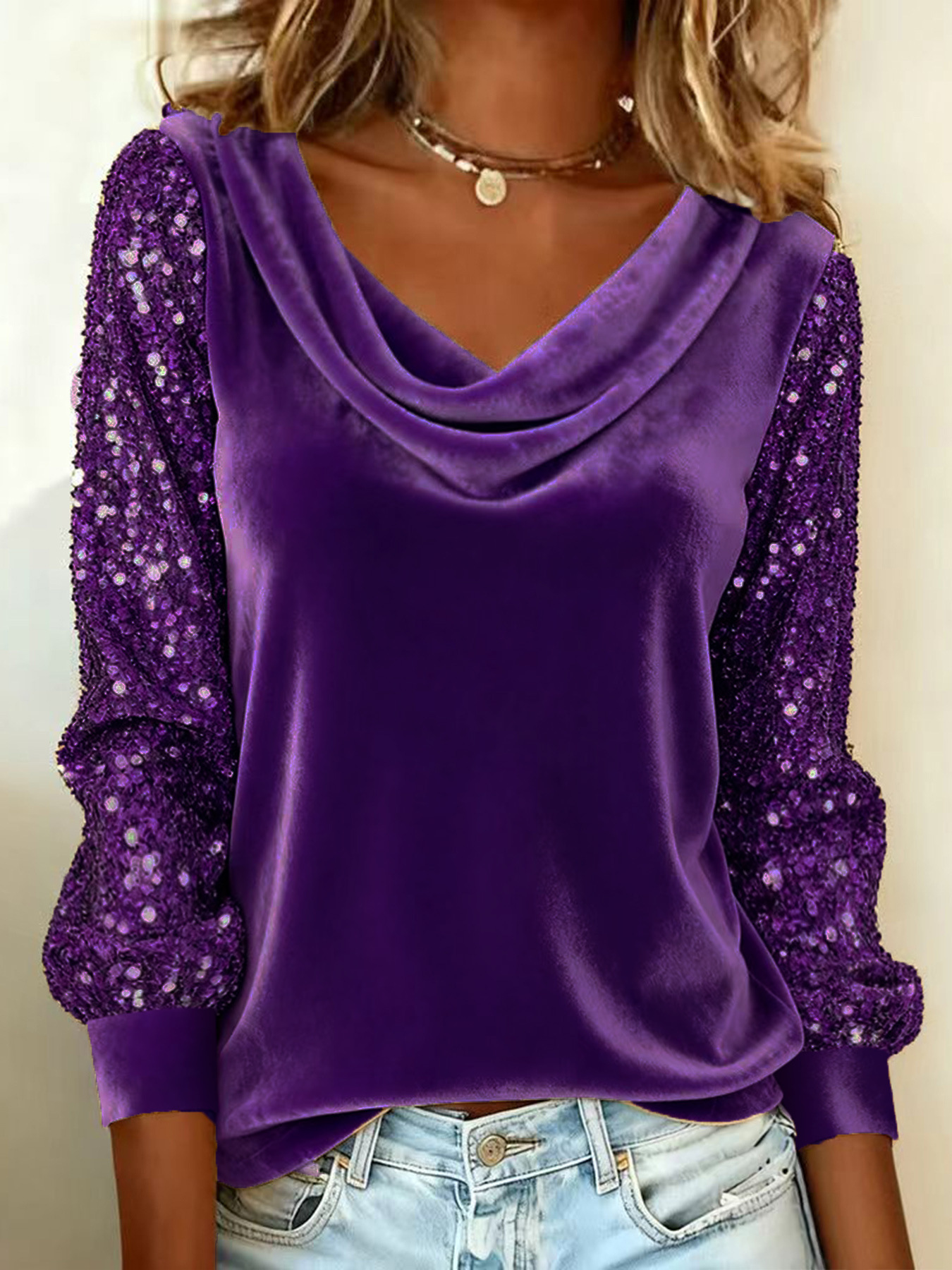 Velvet Sequin Panel Cowl Neck Long Sleeve T-Shirt Top