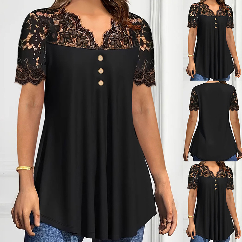 Women's Black Lace Short Sleeve Blouse Casual Chiffon Shirt