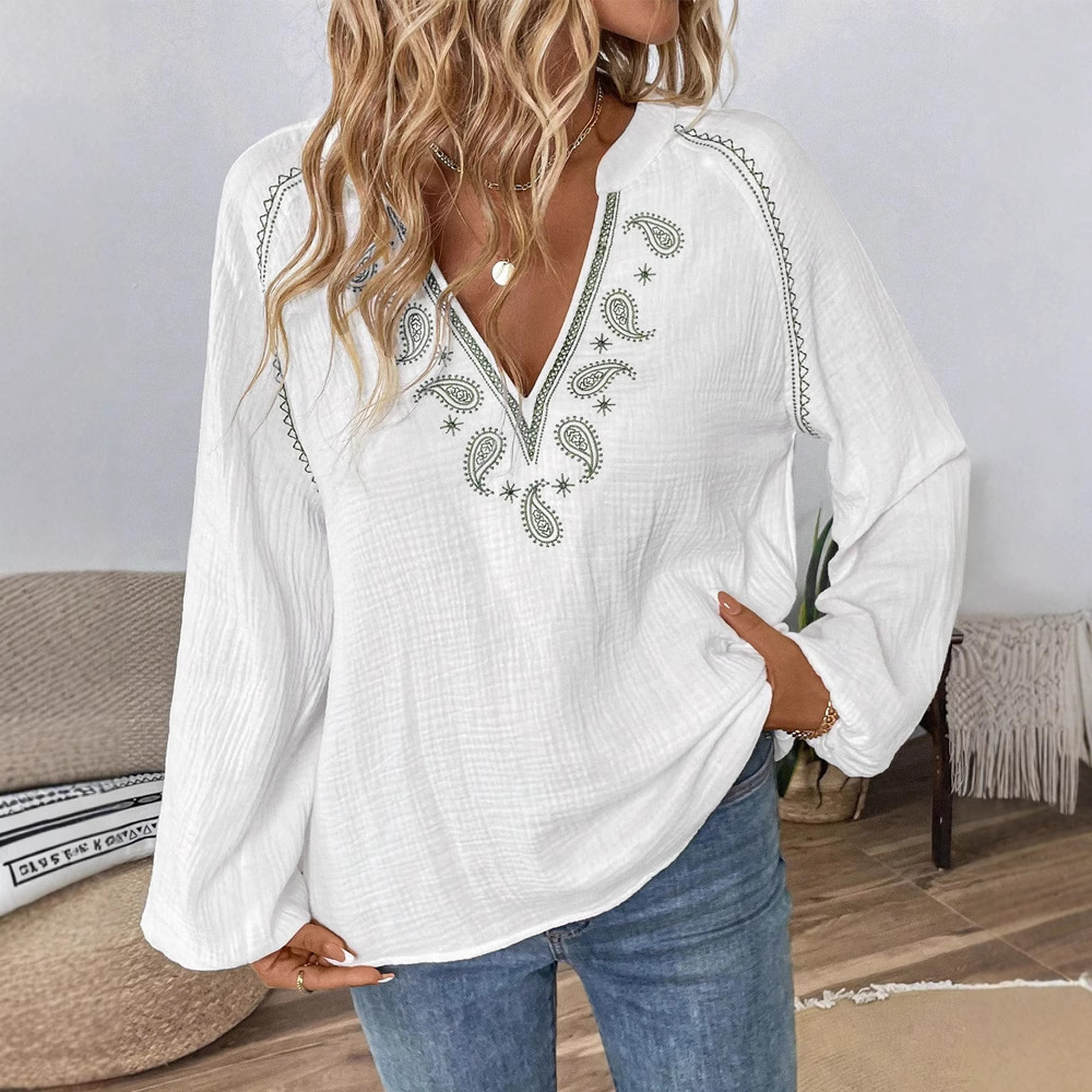 Women's Loose V-Neck Long Sleeve Embroidered Shirt Top