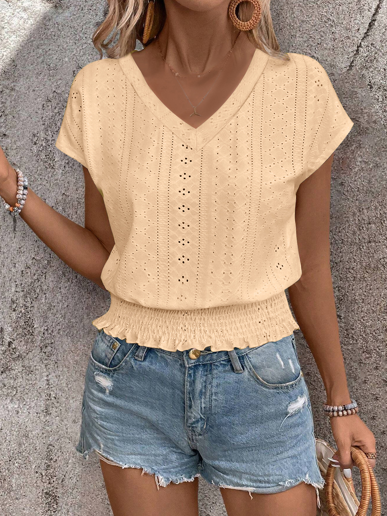 Women's V-Neck Jacquard Hollow-Out Smocked Short-Sleeve Top