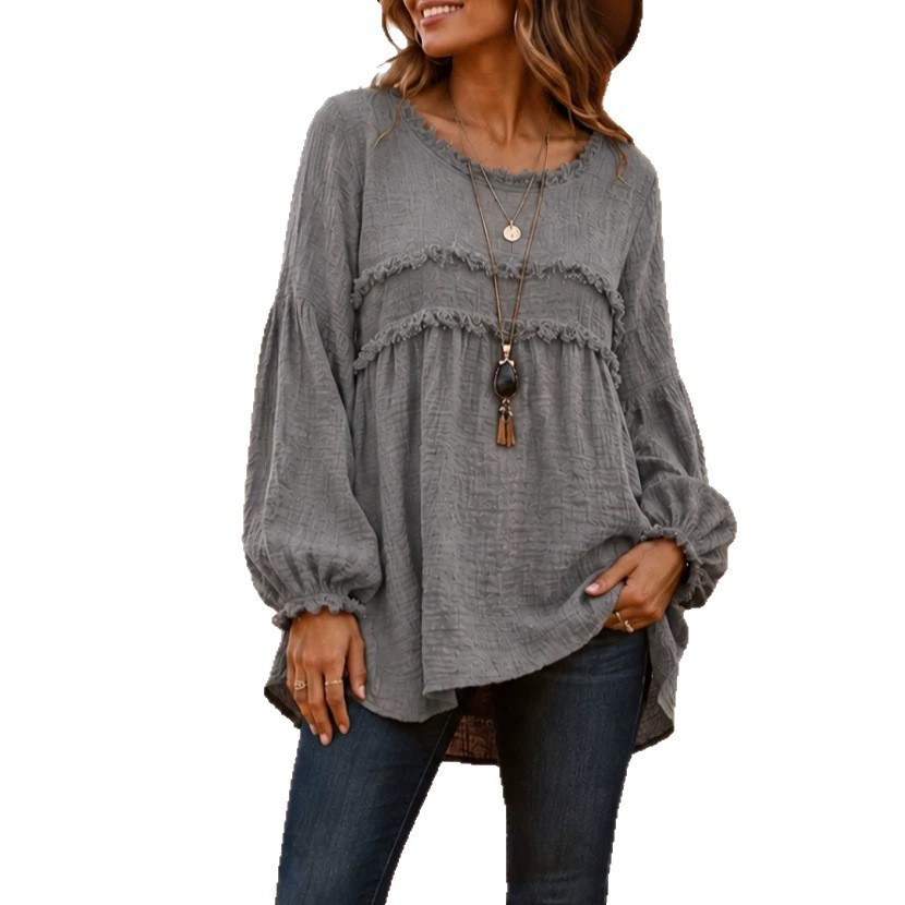 Fringed Trim Patchwork Long Sleeve Casual Top