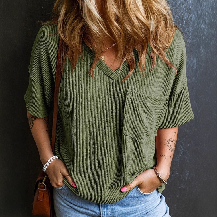 Two-Tone Twist Short Sleeve V-Neck Top