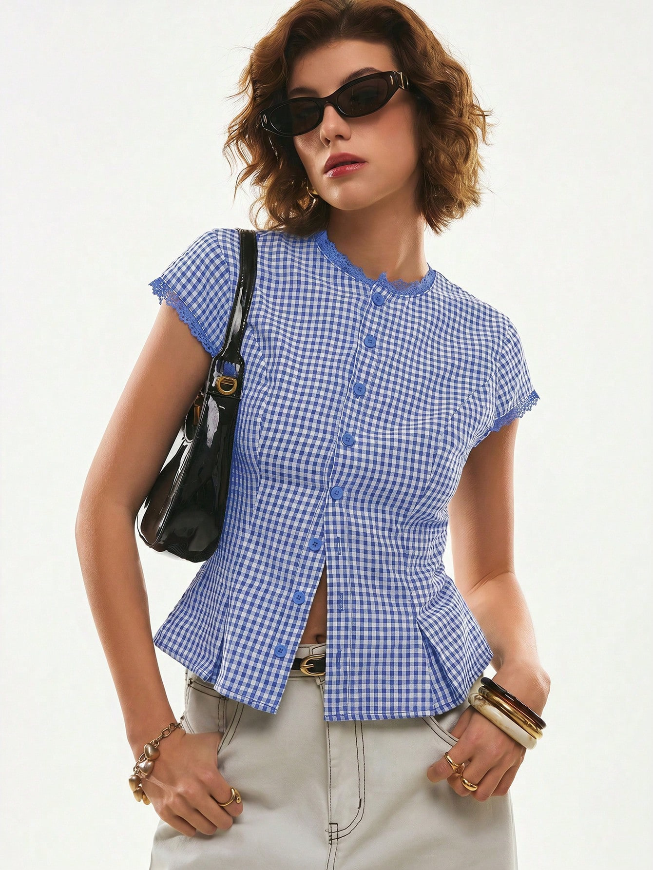 Women's Blue Plaid Collared Short Sleeve Shirt