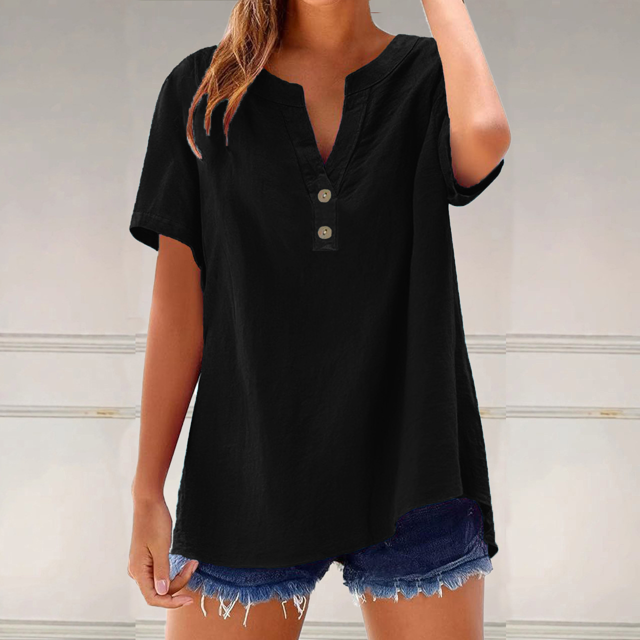 Women's Casual Loose Cotton-Blend Shirt Short Sleeve V-Neck Colorblock Top