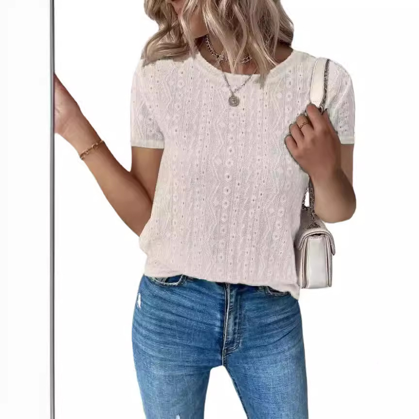 Solid Color Short Sleeve Hollow Out Casual Shirt
