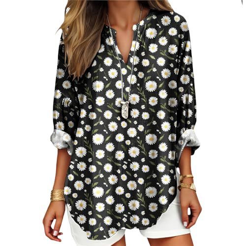 Women's Floral Polka Dot Print V-Neck Long Sleeve T-Shirt