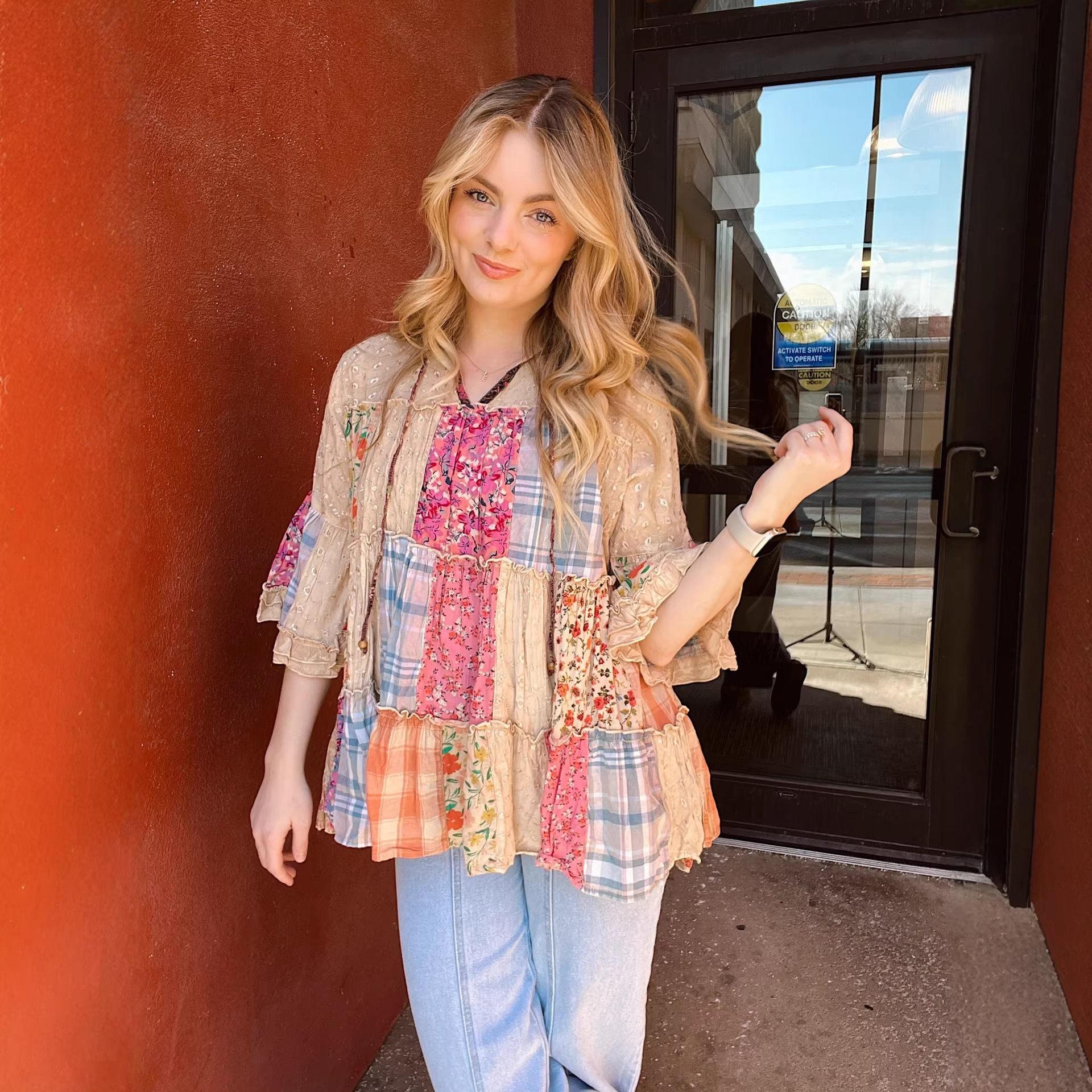 Women's Vintage Floral Digital Print Plaid Patchwork Loose V-Neck Three-Quarter Sleeve Top