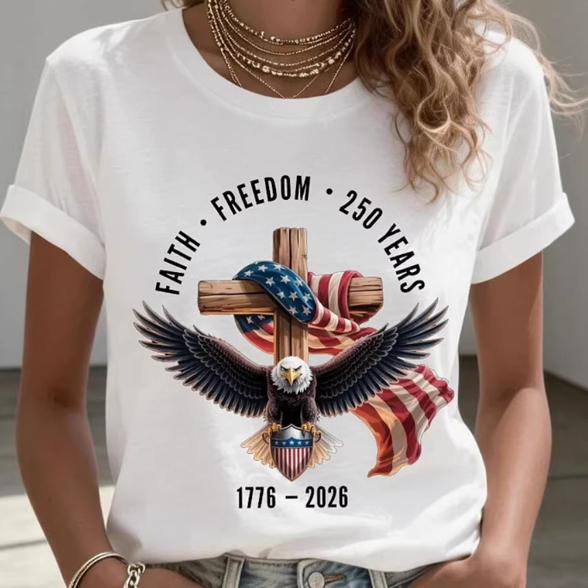 Eagle American Flag Cross Print Crewneck Short Sleeve T-Shirt
