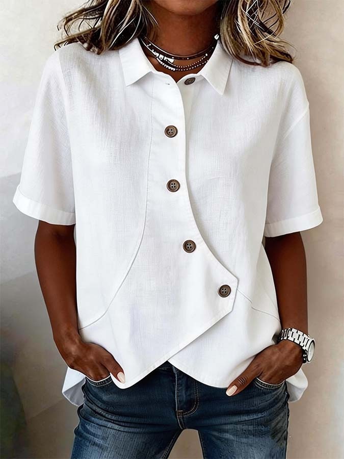 Women's Collared Button Short Sleeve T-Shirt with Irregular Hem