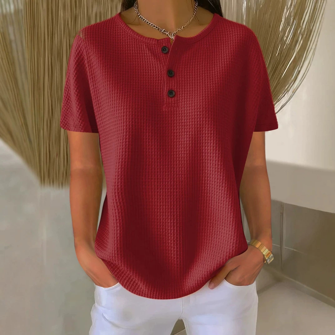 Waffle Knit Crewneck Short Sleeve Pullover Top Solid Color