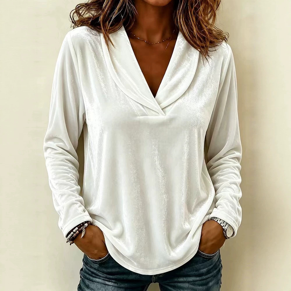 Women's Solid Velvet Long-Sleeve Doll-Collar Top
