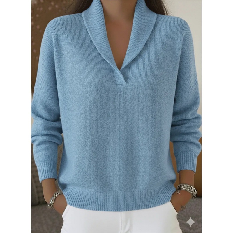 V-Neck Long Sleeve Knit Pullover Loose Solid Color Top