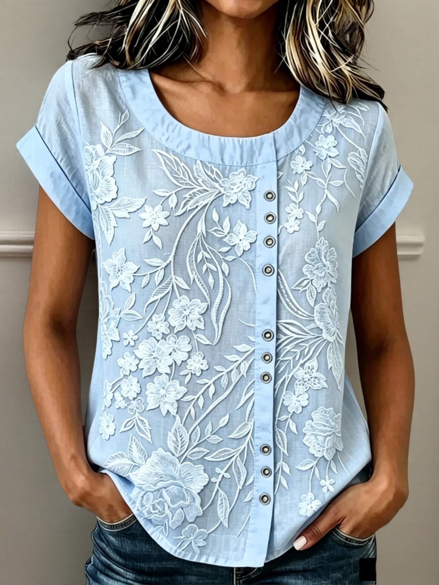 Women's Summer Loose Button Round Neck T-Shirt