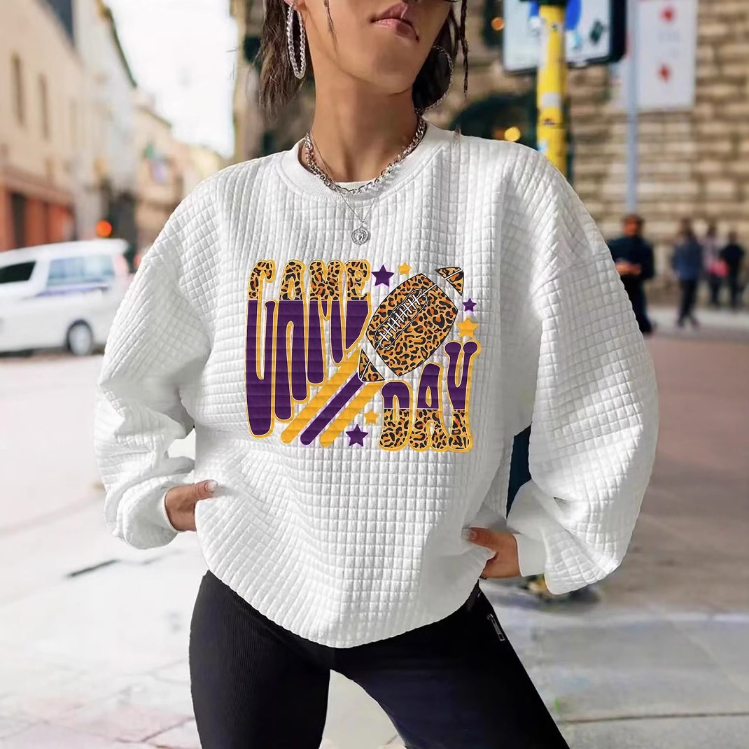 Women's Waffle Knit Long Sleeve Crewneck Sweatshirt Oversized White