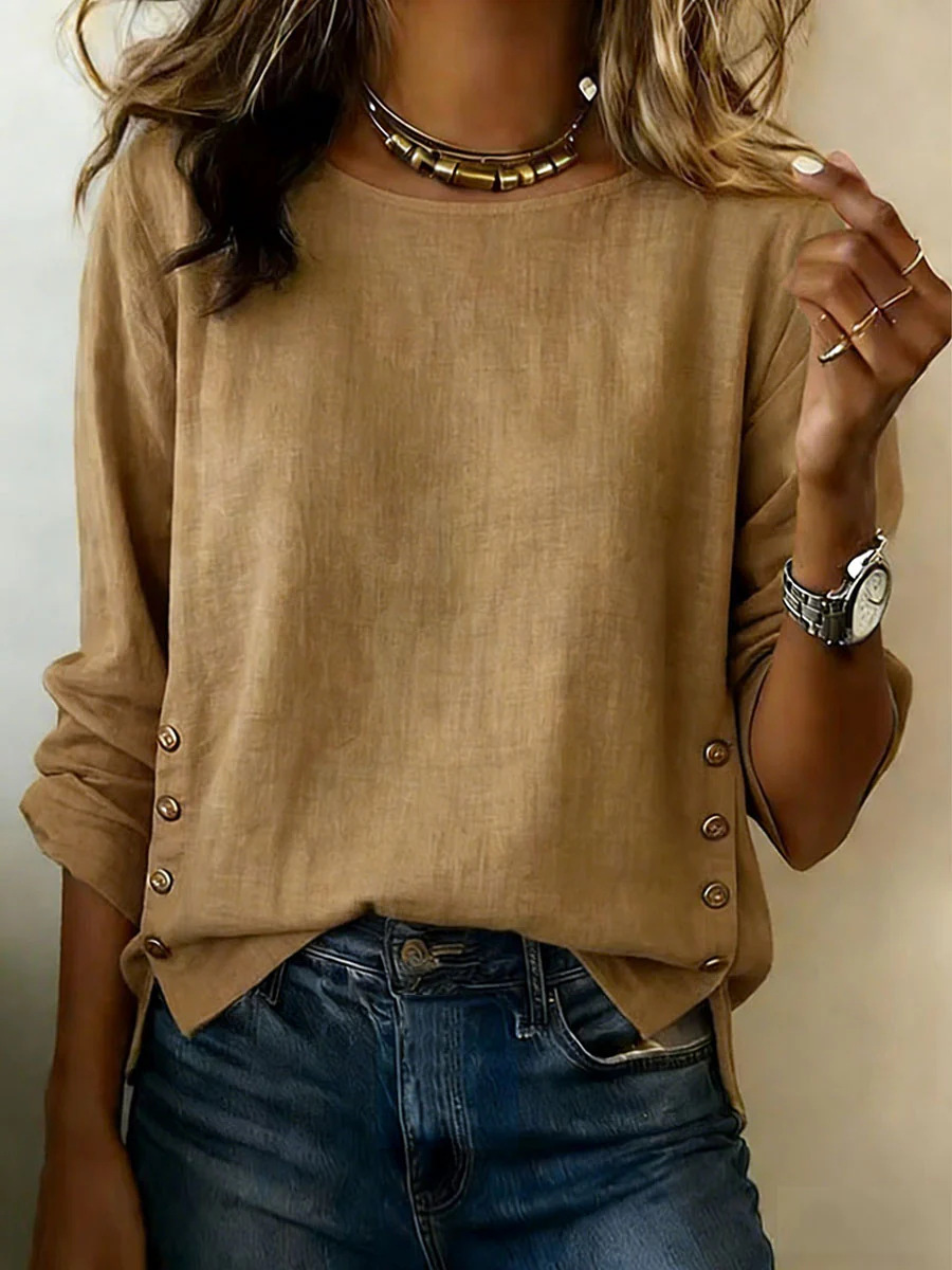 Women's Summer Cotton-Linen Crewneck Loose Casual T-Shirt