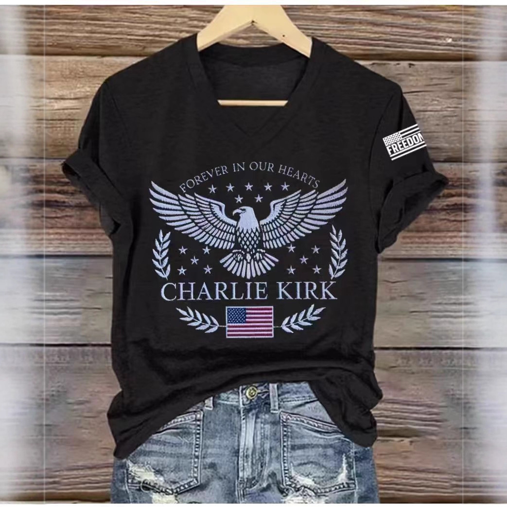 Eagle Peace Letter Print V-Neck Short Sleeve T-Shirt for Women