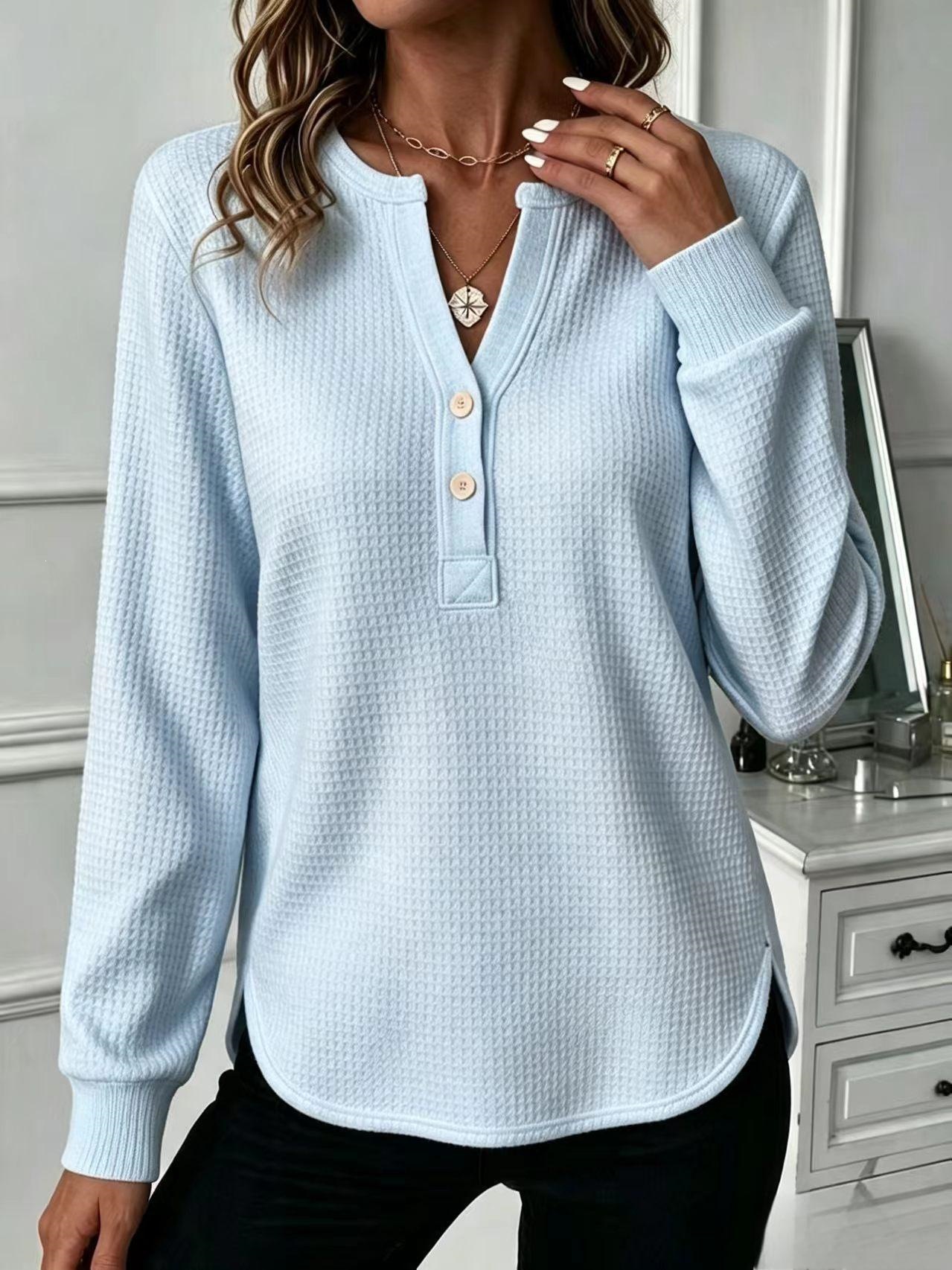 Waffle Knit V-Neck Button Loose Fit Long Sleeve Top